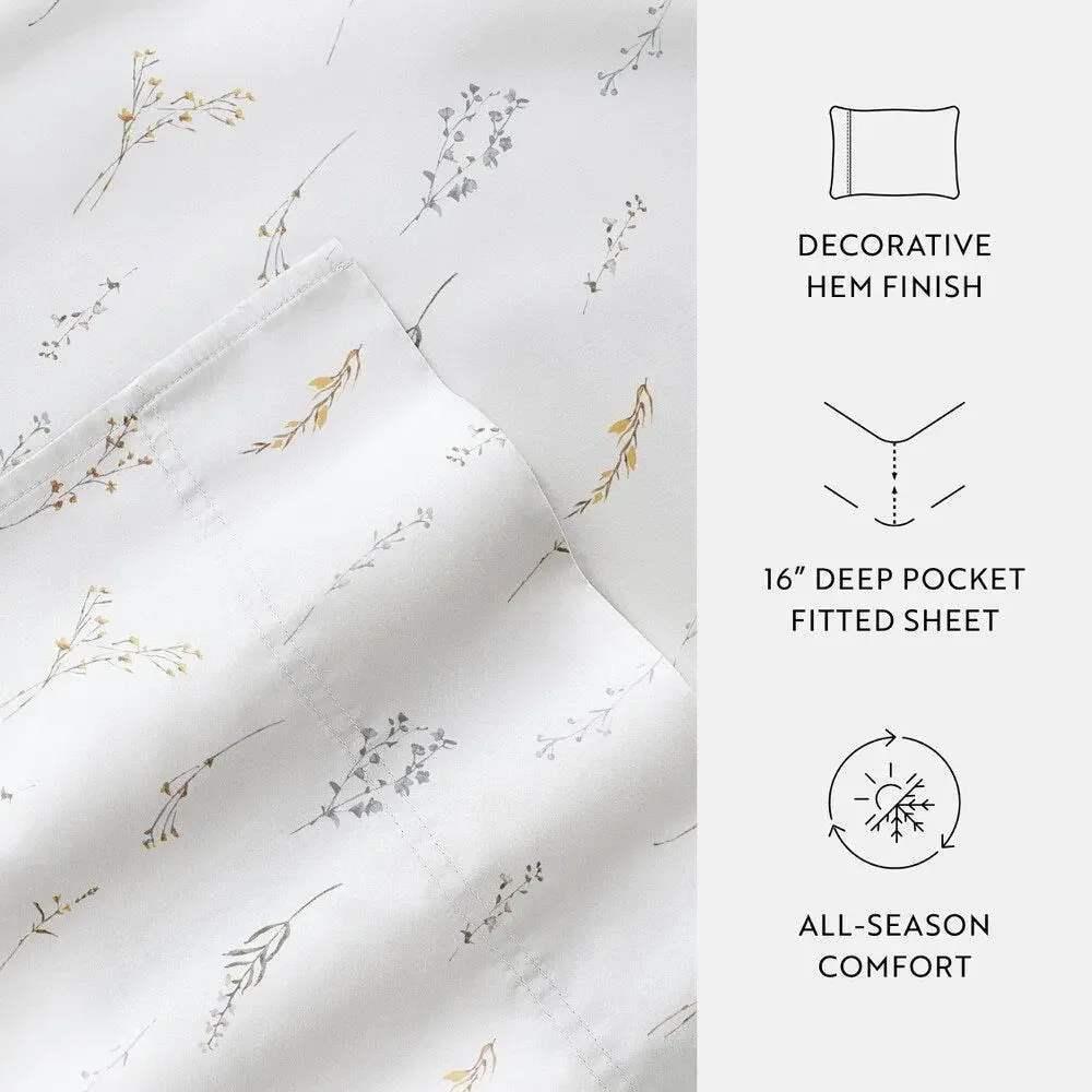 New CALIFORNIA KING Wild Garden White Floral 100% Cotton Deep Pocket Sheet Set